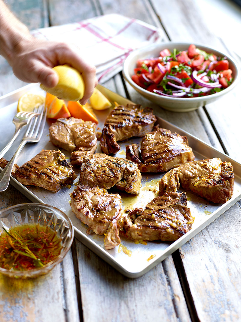 Citrus Marinated Lamb Chops with Moroccan Style Tomato Salad