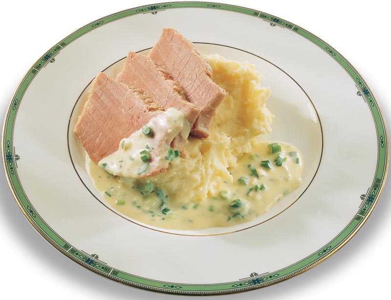 Corned Beef and Parsnip Mash with Mustard and Cider Sauce