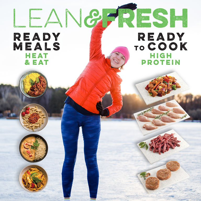 Lean and Fresh graphic and text. Ready Meals, Ready to Cook. Woman stretching.